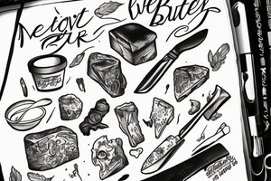 Stick of butter that says never enough with a knife going through the butter sick tattoo idea