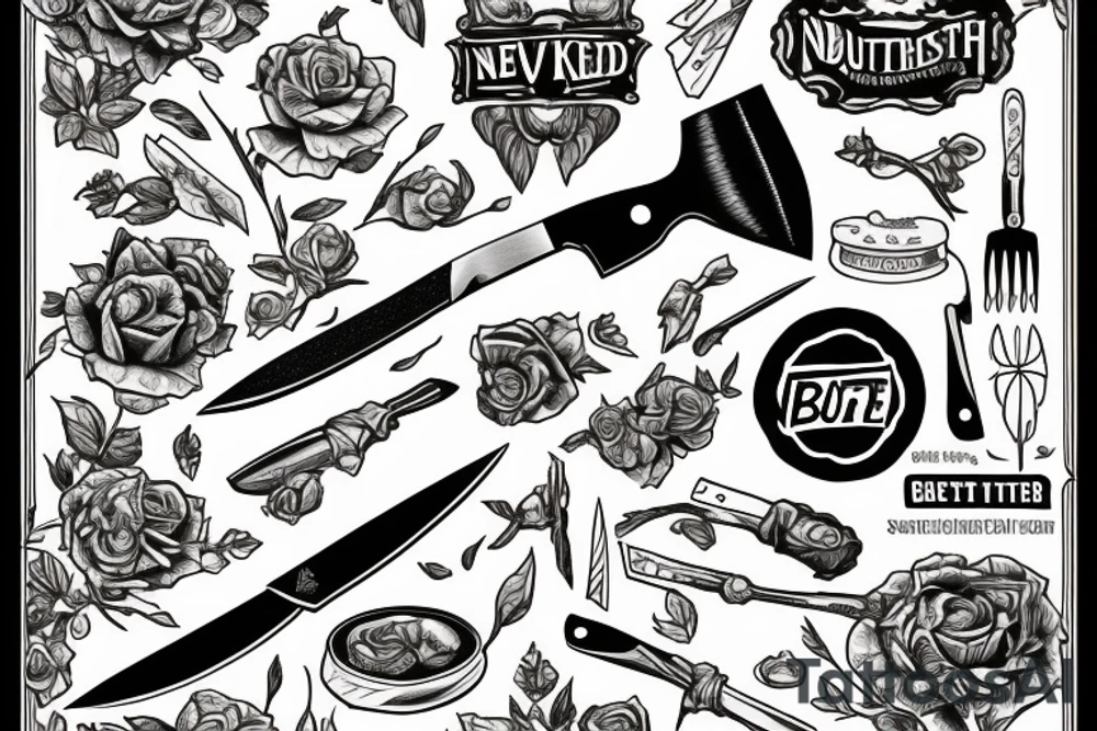 Stick of butter that says never enough with a knife going through the butter sick tattoo idea