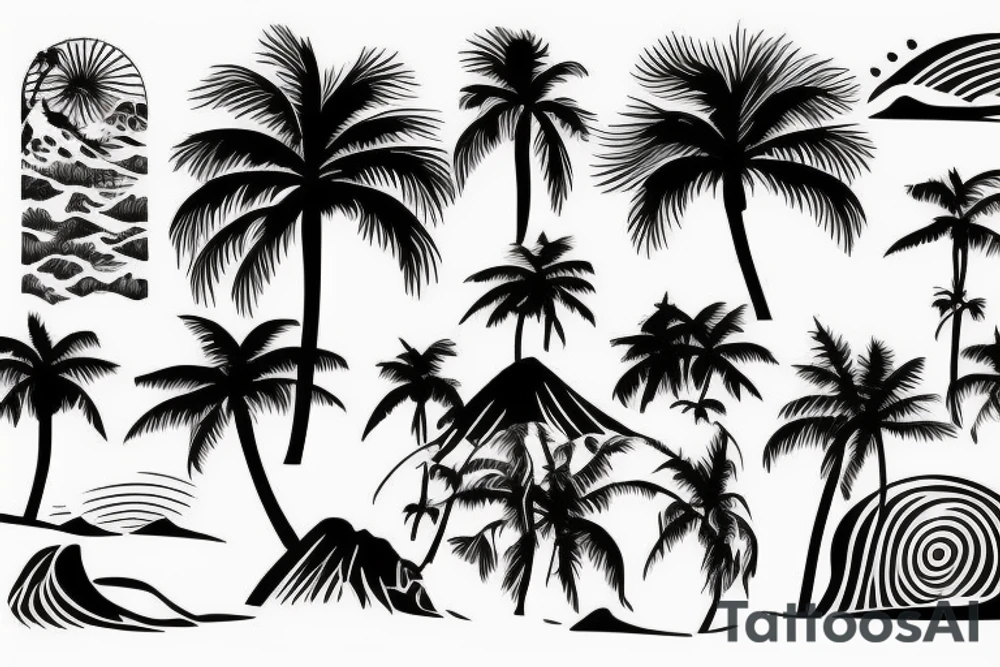 Palm tree ,beach, sea, wave sun, foot print tattoo idea