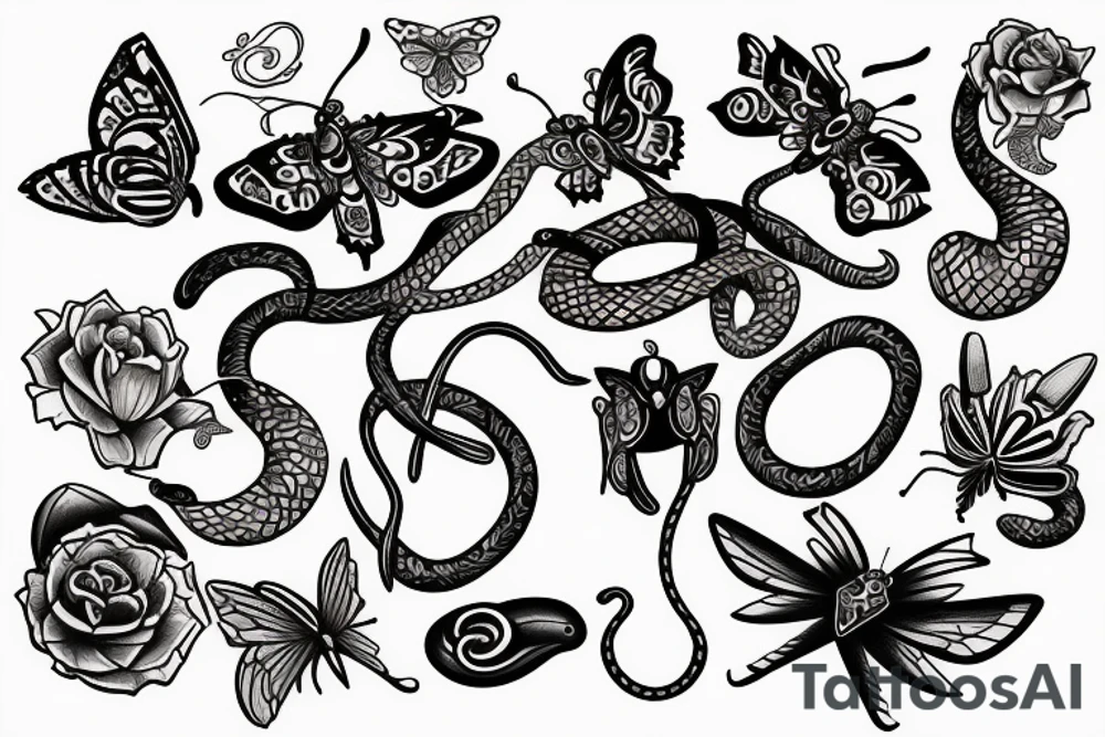 Trident, flute, snake, and butterflies tattoo idea