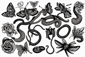Trident, flute, snake, and butterflies tattoo idea