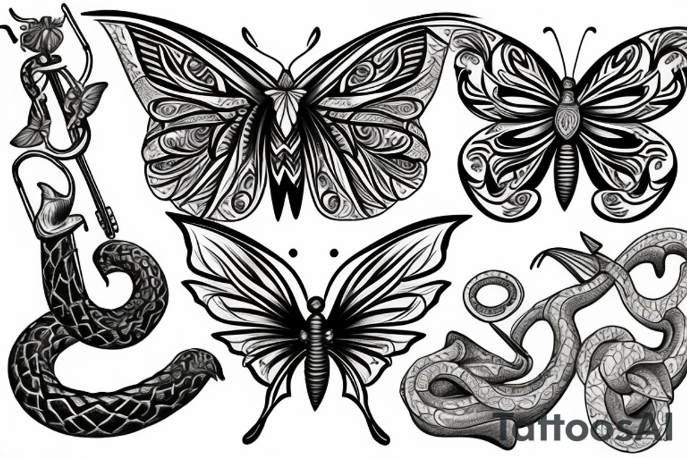 Trident, flute, snake, and butterflies tattoo idea