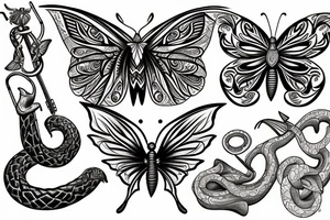 Trident, flute, snake, and butterflies tattoo idea