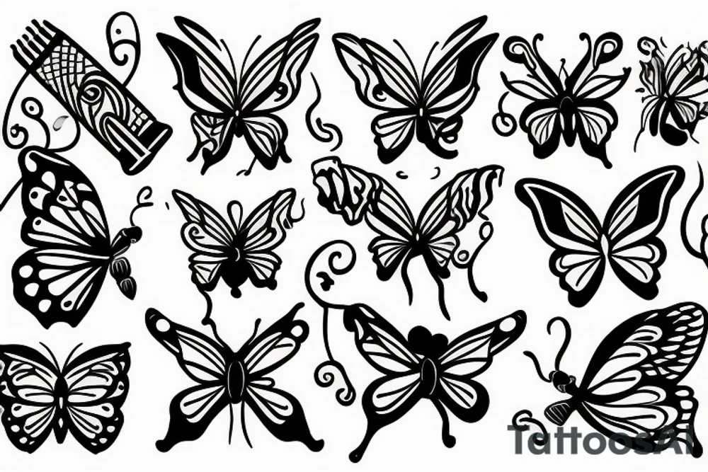 Trident, flute, snake, and butterflies tattoo idea