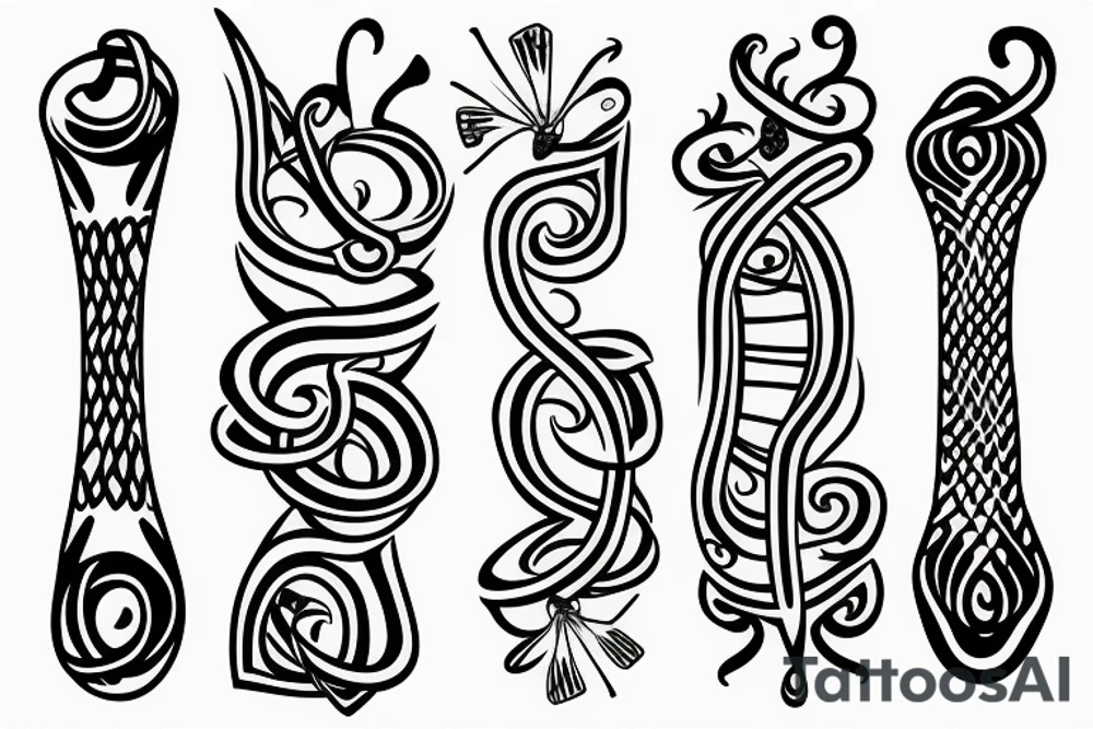 Trident, flute, snake, and butterflies tattoo idea