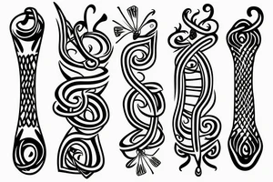 Trident, flute, snake, and butterflies tattoo idea