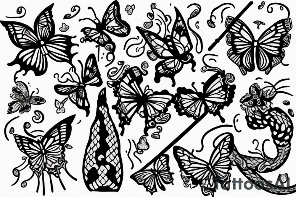 Trident coming out from flute and covered by a snake which is covered by butterflies. tattoo idea