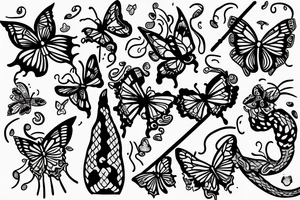 Trident coming out from flute and covered by a snake which is covered by butterflies. tattoo idea