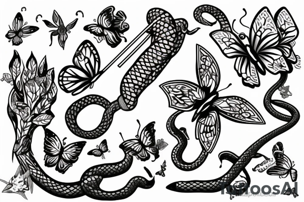 Trident coming out from flute and covered by a snake which is covered by butterflies. tattoo idea