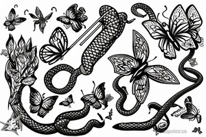 Trident coming out from flute and covered by a snake which is covered by butterflies. tattoo idea