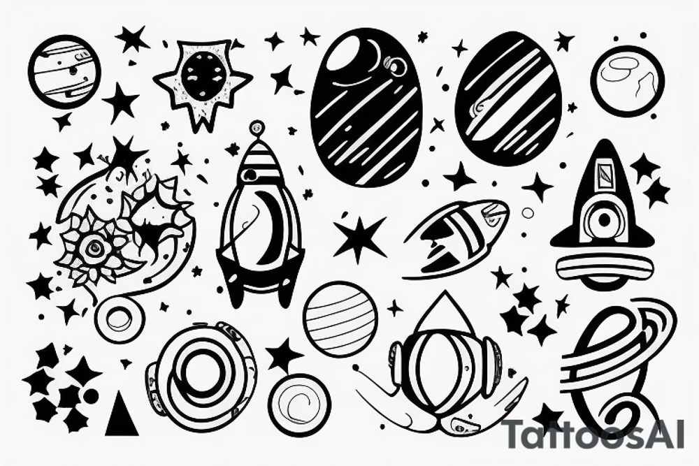 Spaced theme with lines segmenting small designs tattoo idea