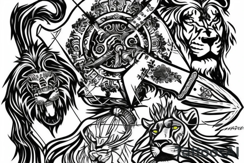 Knight with shield and sword mixed with lion tattoo idea