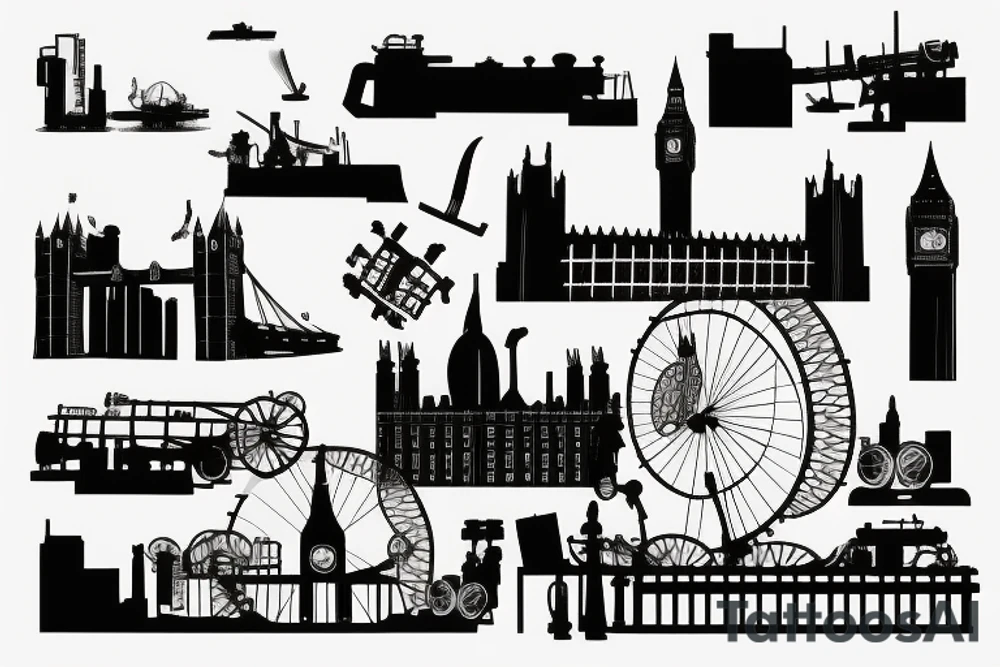 silhouette london skyline with two cannons in front of it tattoo idea