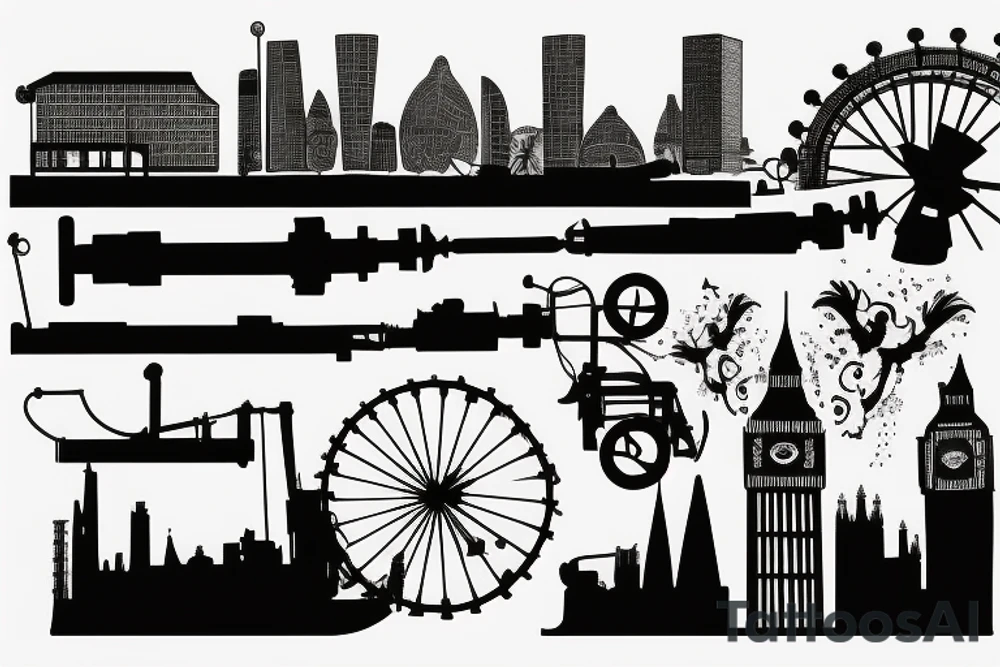 silhouette london skyline with two cannons in front of it tattoo idea