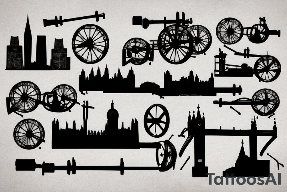 silhouette london skyline with two cannons in front of it tattoo idea