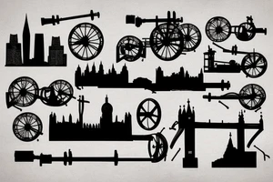 silhouette london skyline with two cannons in front of it tattoo idea
