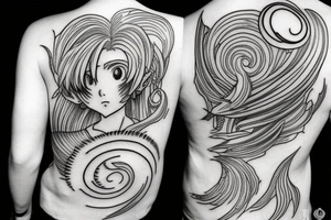 Create a tattoo design merging together a decrescent moon,  waves and the chain of kurapika a character of hunter x hunter manga tattoo idea