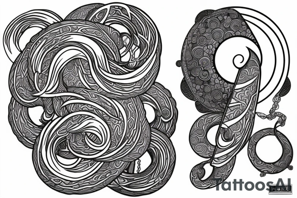 Create a tattoo design merging together a decrescent moon,  waves and the chain of kurapika a character of hunter x hunter manga tattoo idea