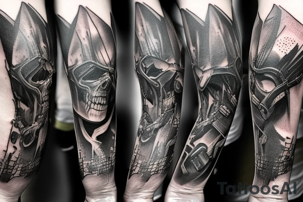 Full arm tattoo based on metro 2033, metro last light and exodus game. It’s postapo world with mutants like rats, bats etc tattoo idea