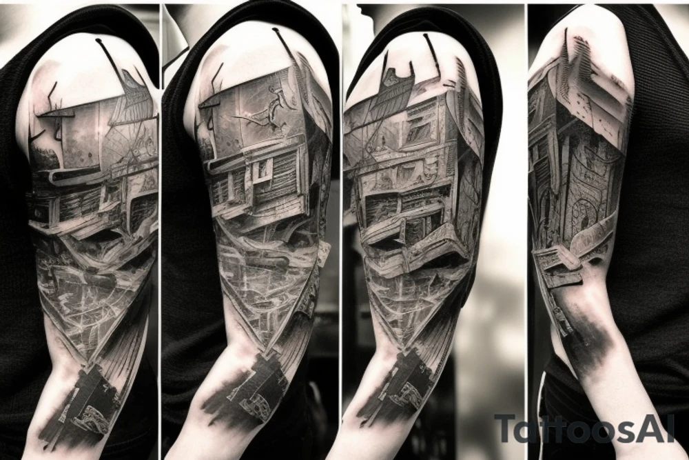 Full arm tattoo based on metro 2033, metro last light and exodus game. It’s postapo world with mutants like rats, bats etc tattoo idea