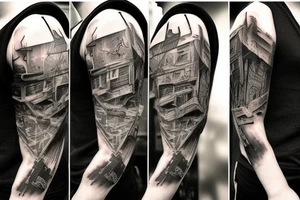 Full arm tattoo based on metro 2033, metro last light and exodus game. It’s postapo world with mutants like rats, bats etc tattoo idea