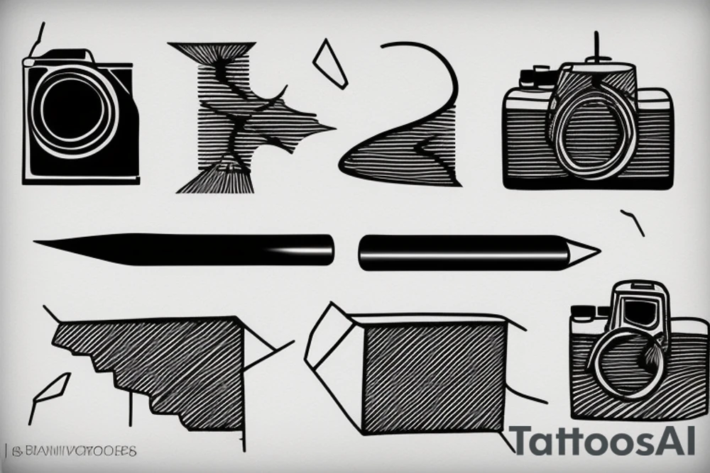 Small tattoo of an abstract pencil, canvas, camera & brush tattoo idea
