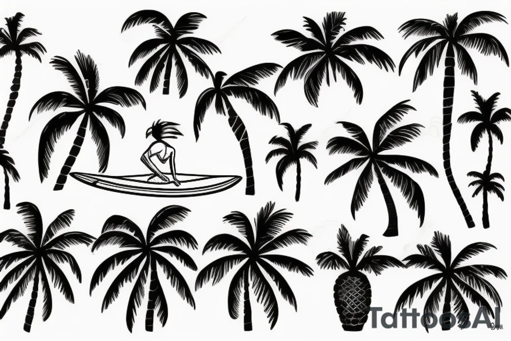 Surfer on a wave made of a palm tree tattoo idea