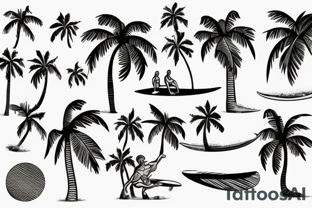 Surfer on a wave made of a palm tree tattoo idea