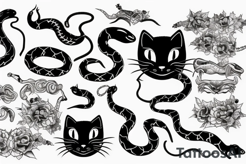 Black cat bitting a snake tattoo idea