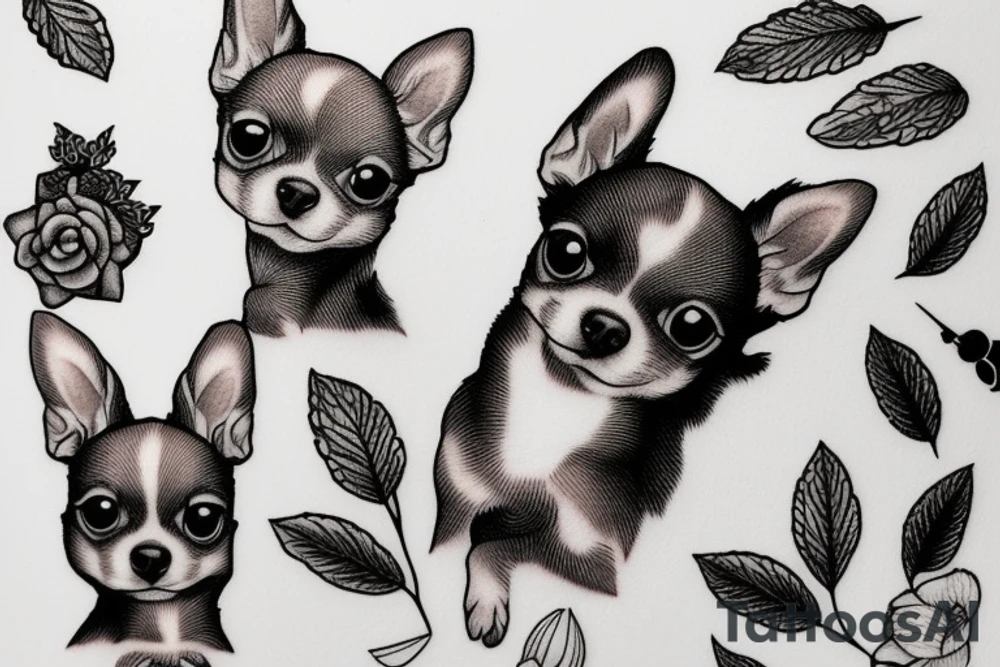 A black white and Brown teacup chihuahua named sage tattoo idea