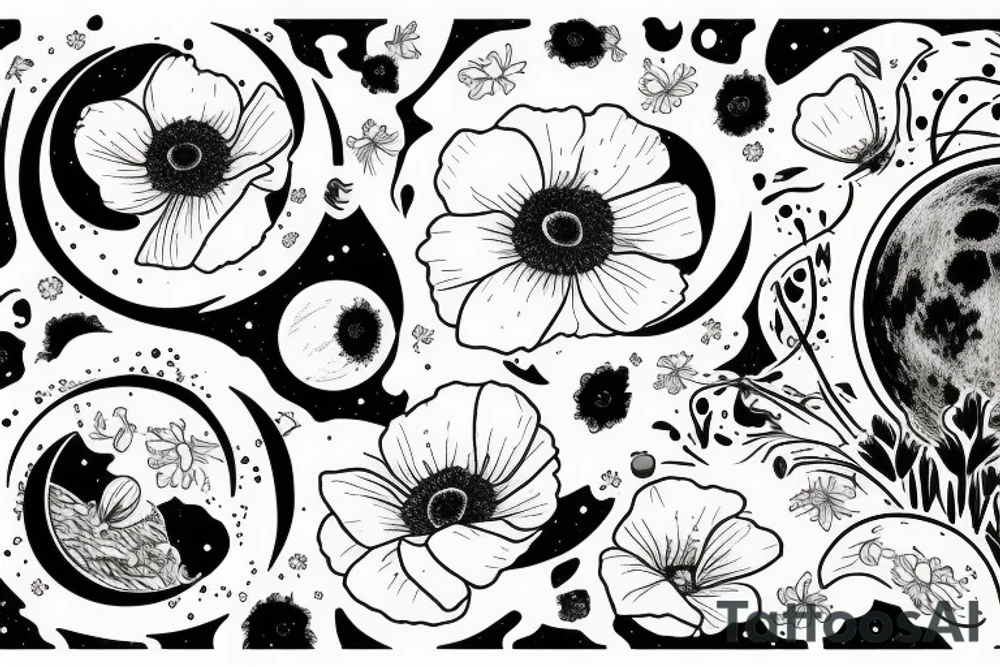 moon with poppies and image from james webb telescope tattoo idea