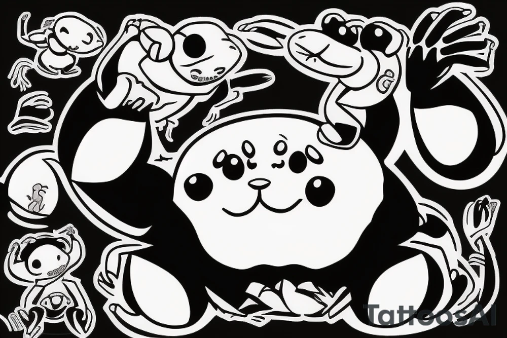 A crab chilling with a panda and a monkey tattoo idea