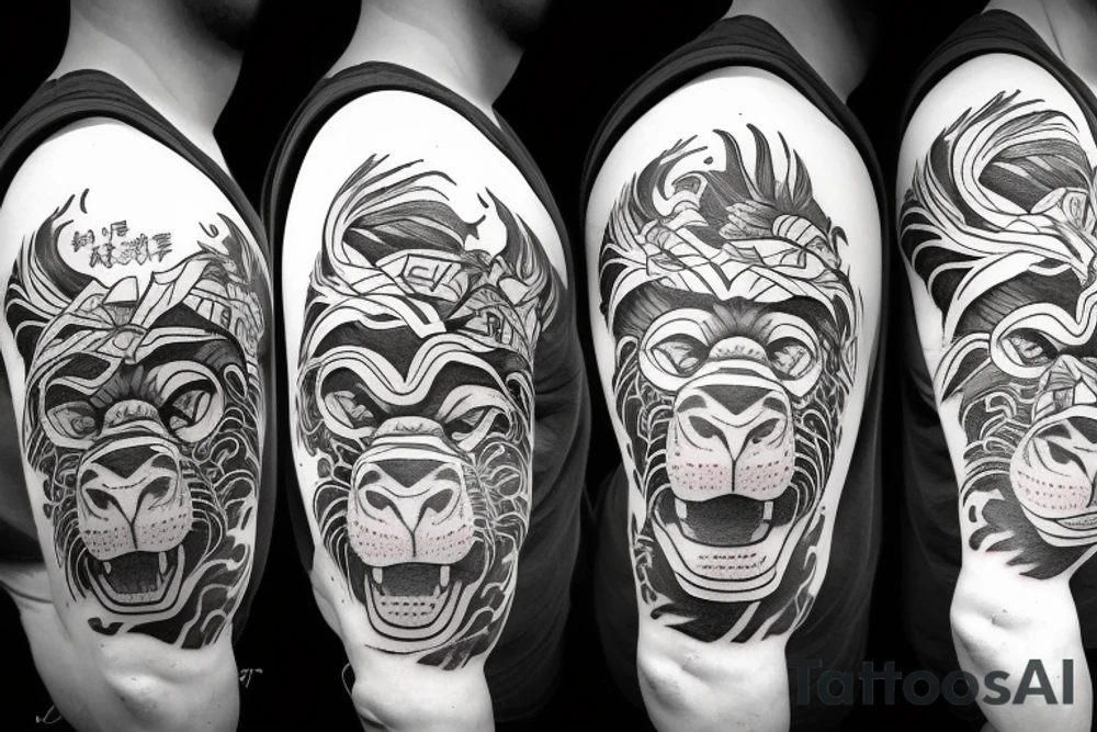 Lion head and a gorilla head with some Chinese word design tattoo idea