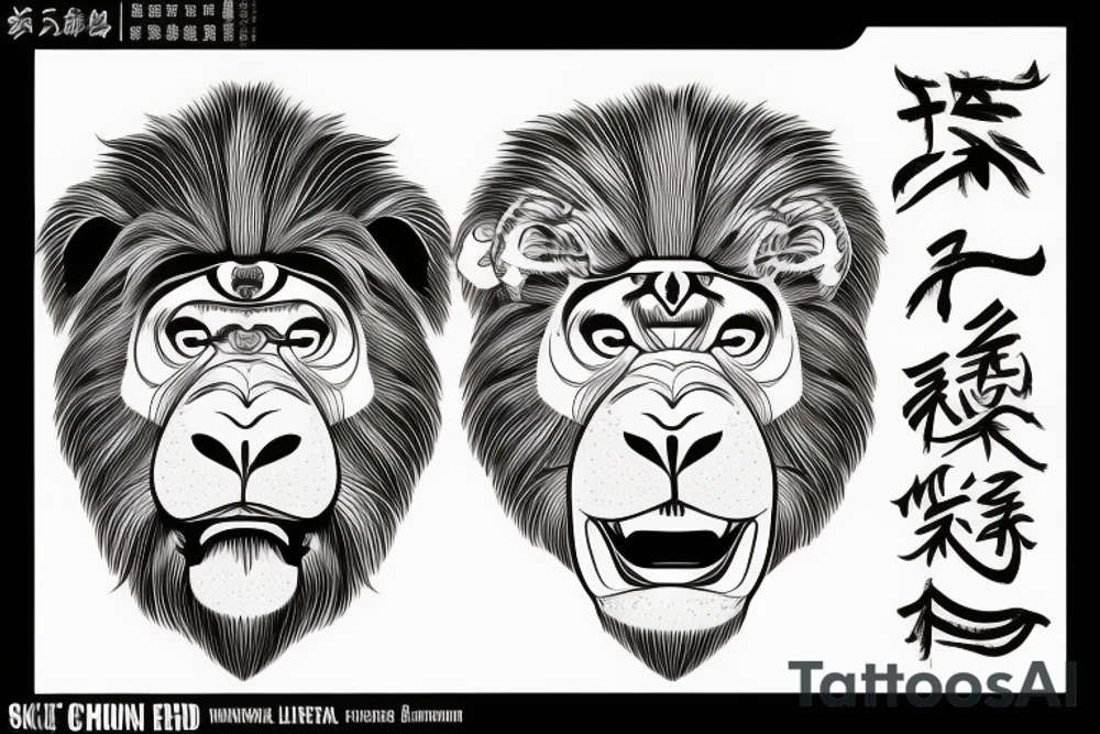 Lion head and a gorilla head with some Chinese word design tattoo idea