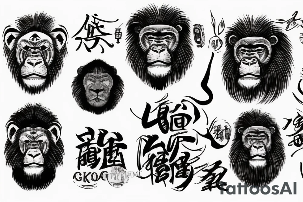 Lion head and a gorilla head with some Chinese word design tattoo idea