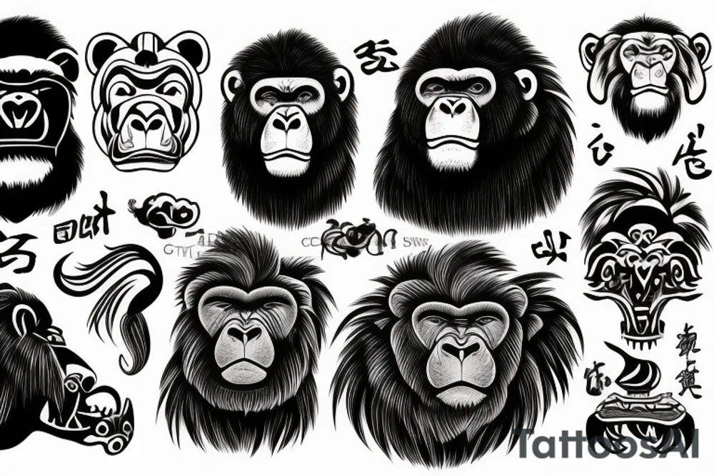 Lion head and a gorilla head with some Chinese word design tattoo idea