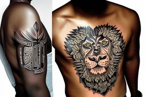 African Nigerian with lion head and numbers chest tattoo tattoo idea