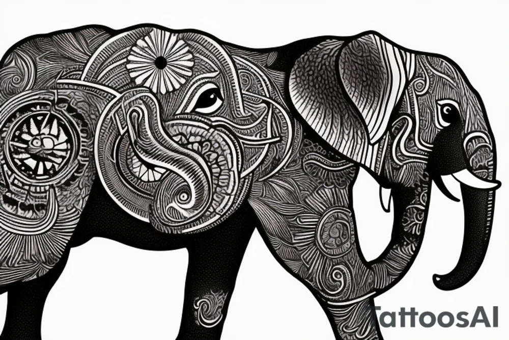 Elephant sorrounded by a golden dog tattoo idea