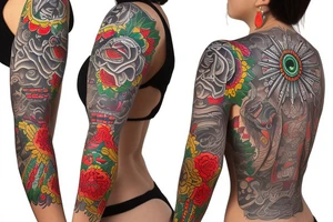 Full sleeve 
Compas with a mexcian inspire woman and native tattoo idea