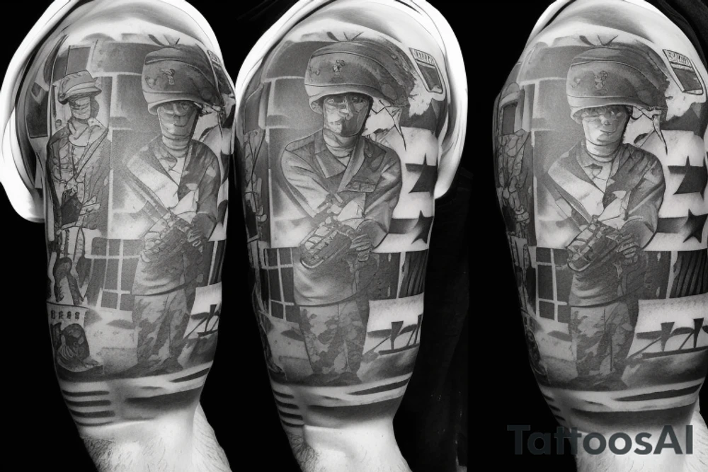United States Marine throwing a grenade in World War II with a building exploding behind him tattoo idea