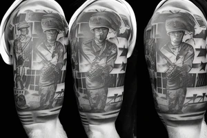 United States Marine throwing a grenade in World War II with a building exploding behind him tattoo idea