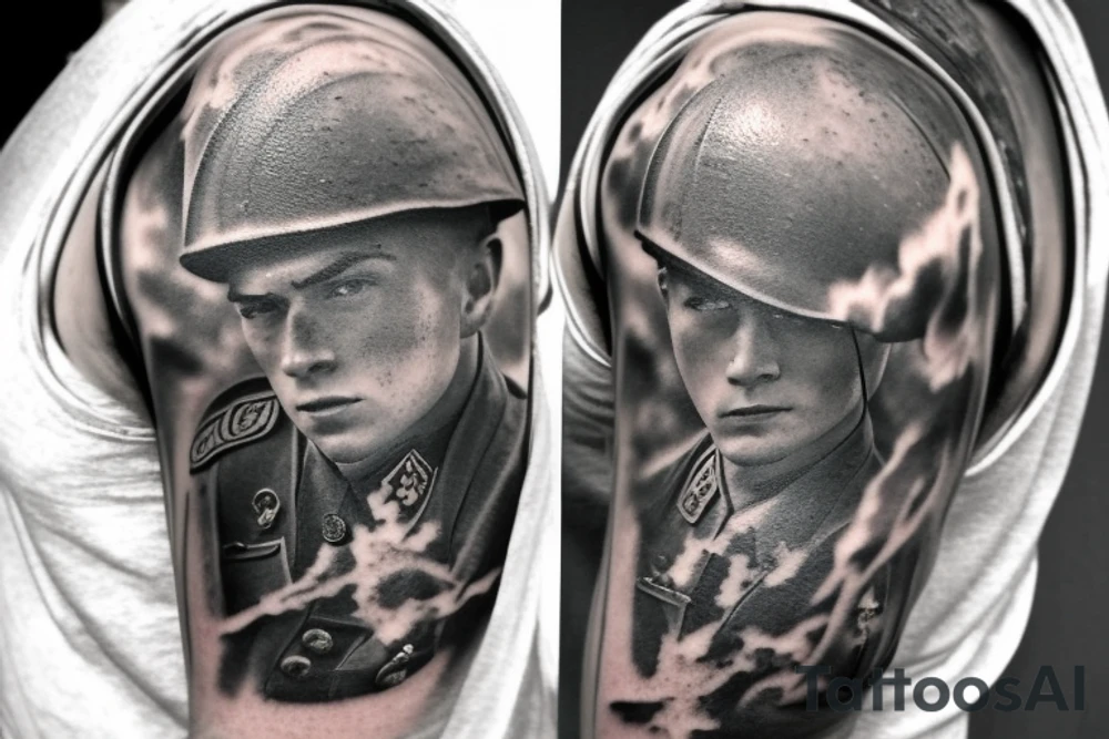 United States Marine throwing a grenade in World War II with a building exploding behind him tattoo idea
