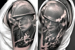 United States Marine throwing a grenade in World War II with a building exploding behind him tattoo idea