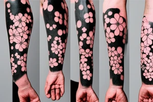 Part 1: (Wrist) Covering of the solar system (already existing) with a large black band that allows for a tattoo of a cherry blossom (Sakura) in white and pink colors within the band. tattoo idea