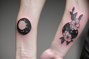 Part 1: (Wrist) Covering of the solar system (already existing) with a large black band that allows for a tattoo of a cherry blossom (Sakura) in white and pink colors within the band. tattoo idea