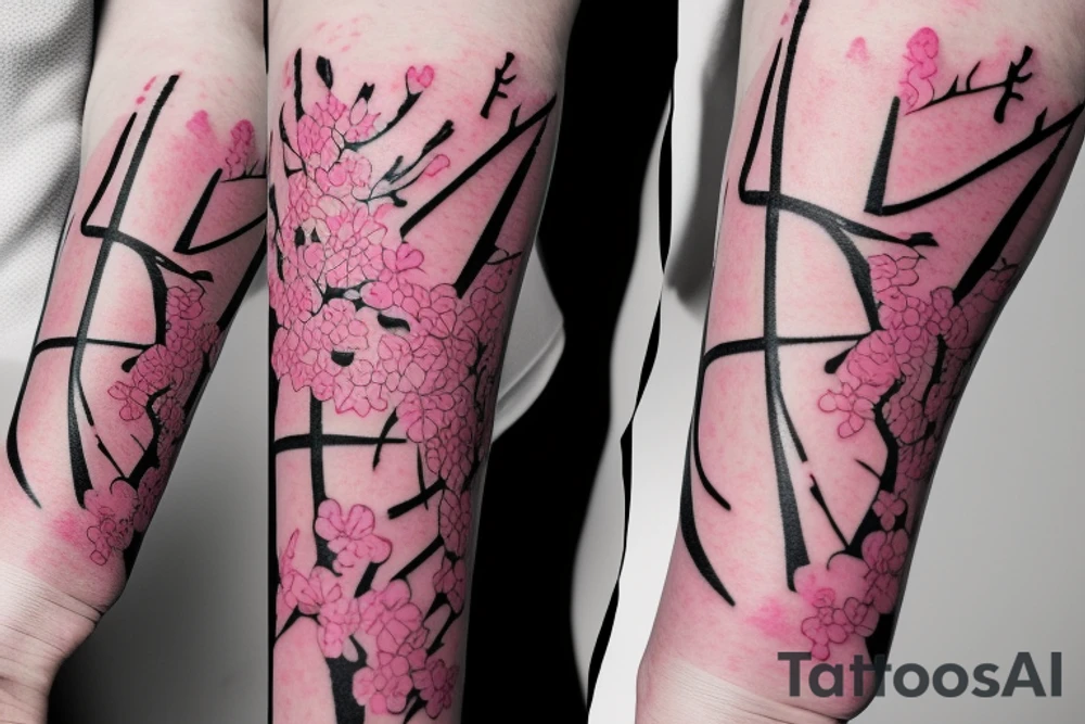 Large black stripe with Sakura in pink tattoo idea