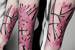 Large black stripe with Sakura in pink tattoo idea
