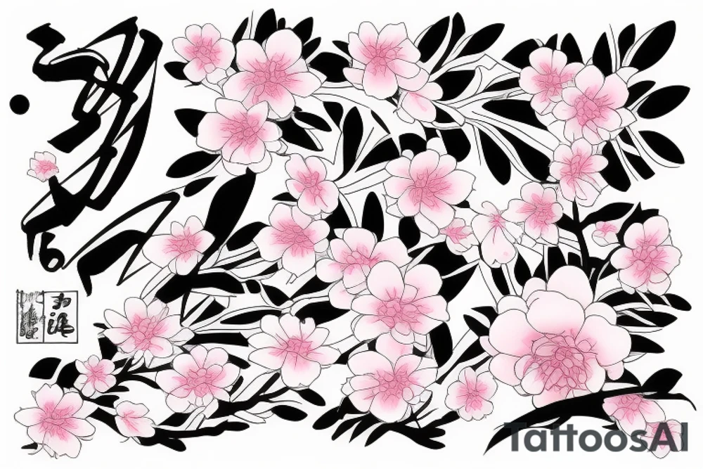 Large black stripe with Sakura in pink tattoo idea