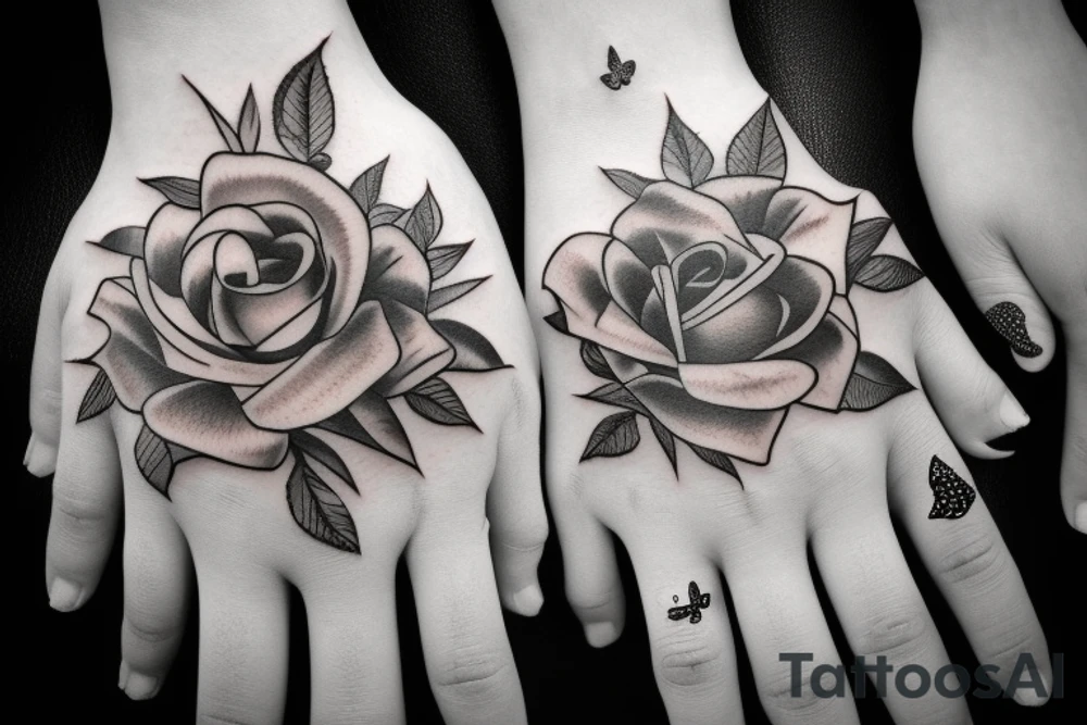 Hand tattoo with rose, butterflies etc tattoo idea
