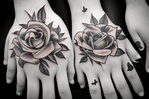 Hand tattoo with rose, butterflies etc tattoo idea